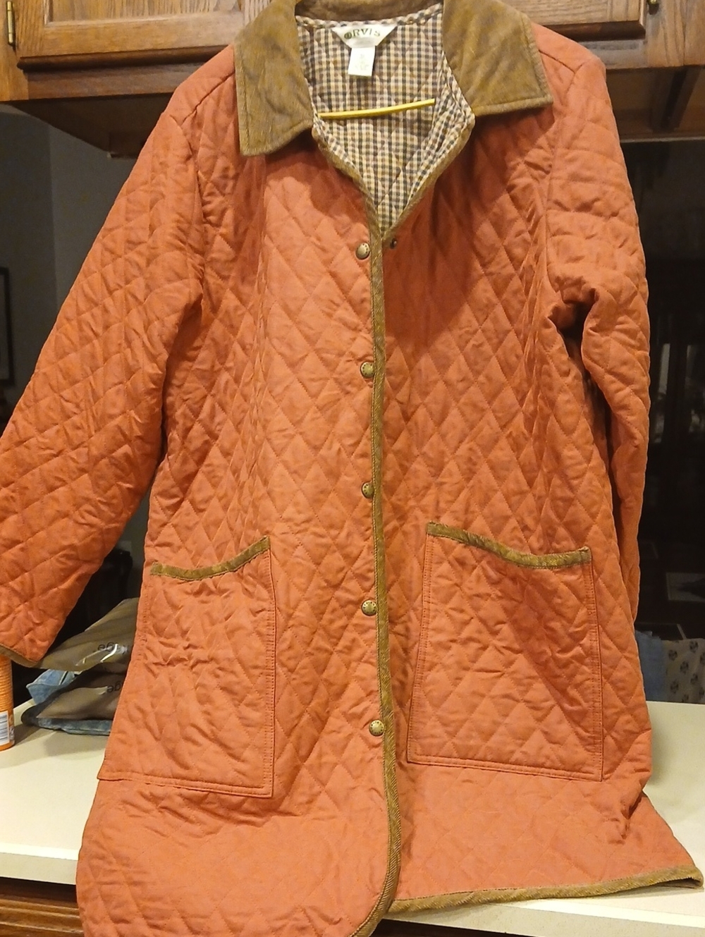Orvis Quilted Rust-Orange Jacket with Brown Corduroy Trim